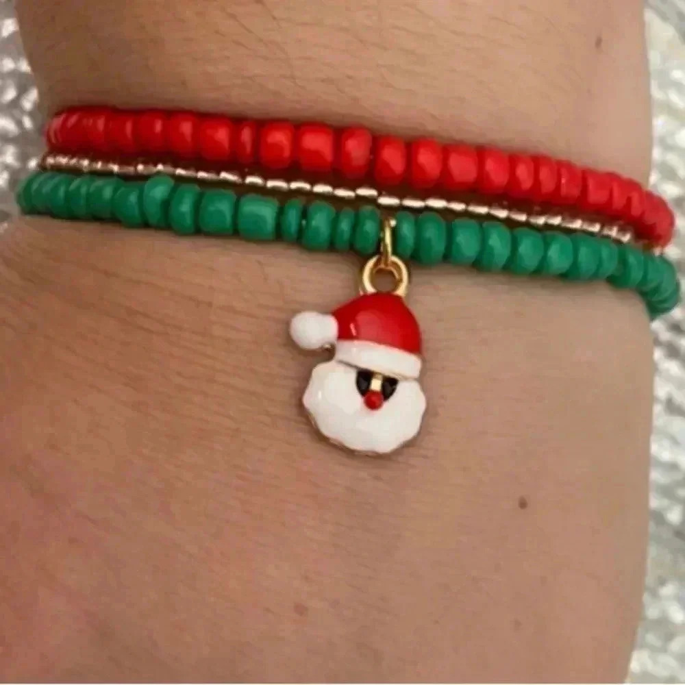 🆕 3pc Christmas Beaded Charm Bracelet Multicolor Set🆕